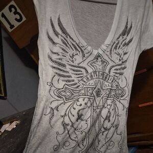 Affliction White V-Neck Tee with Black Graphic